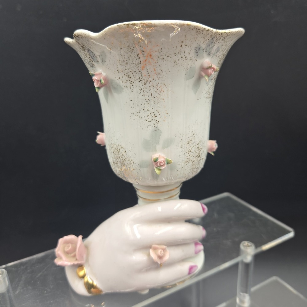 Vtg MCM Hand Painted Ladies Hand Holding Chalice Vase Ring Bracelet Pink Roses